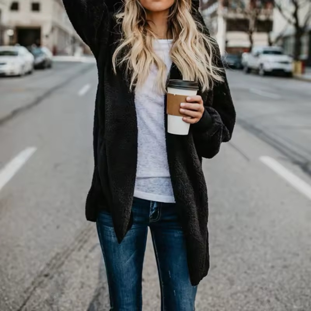 Black Women's plush Teddy oversized Sweater hooded plush jacket